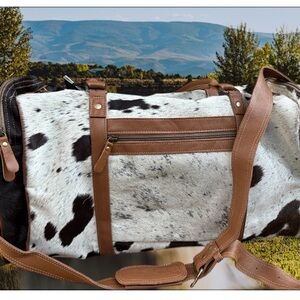 Myra Bag Calf Hair Hide Leather Rectangle Weekender Travel Duffle Bag western
